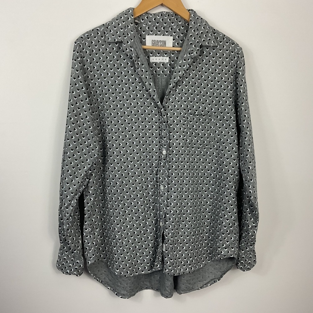 Grayson Hero Shirt Gray Heart Print Button Up Long Sleeve Women's 4